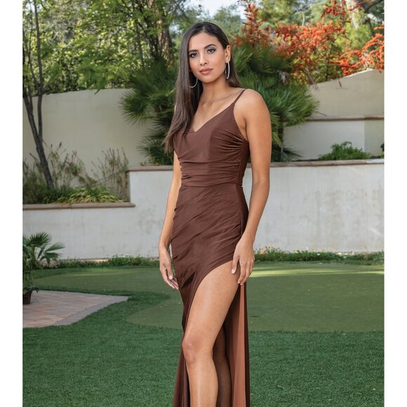 New Long Sheath Sleeveless Ruched Bridesmaid Dress w/ Leg Slit & V-Neck DQ 4288 - Picture 7 of 9